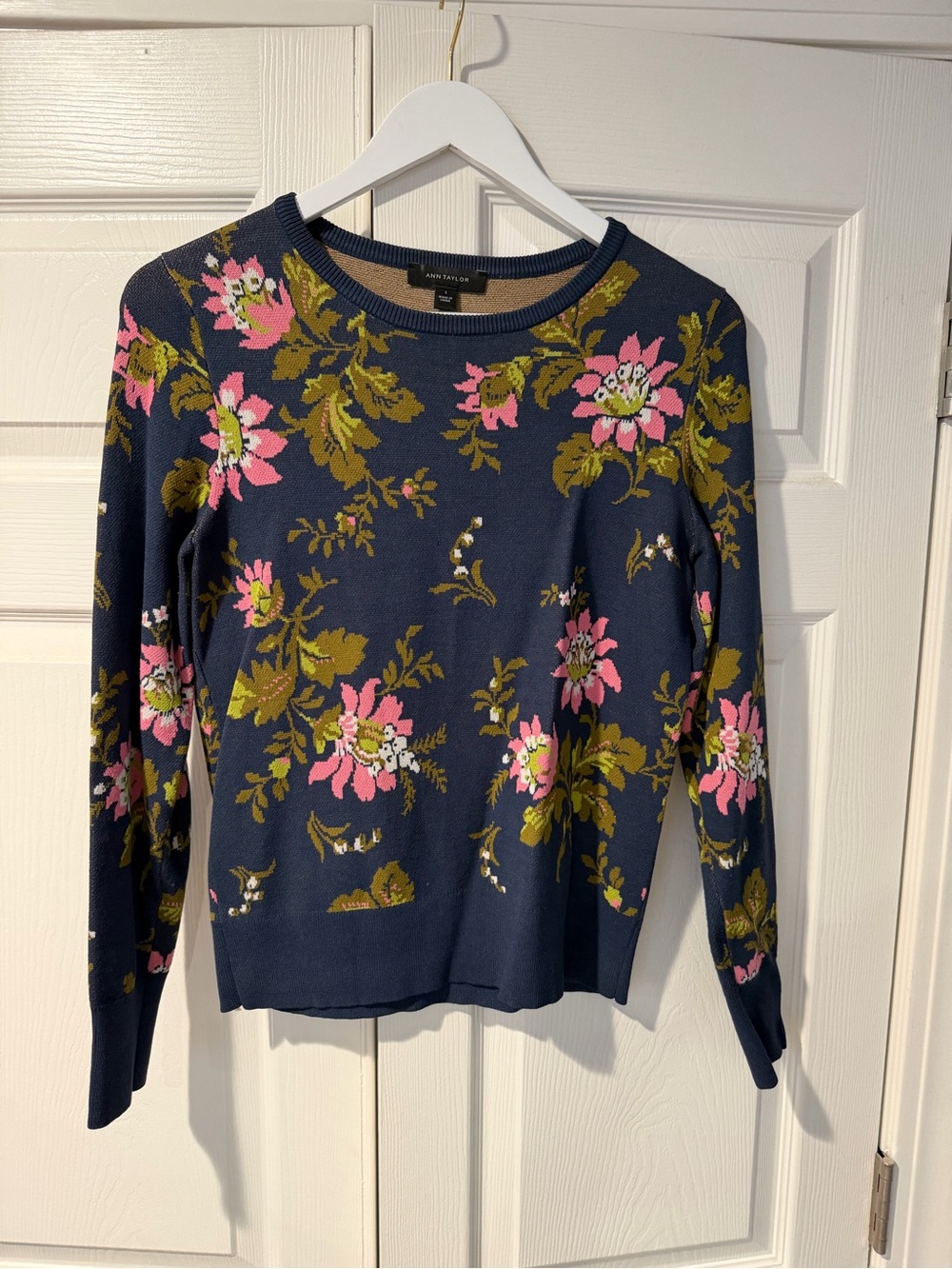 Ann Taylor Navy Crewneck Sweater with Pink Floral Print